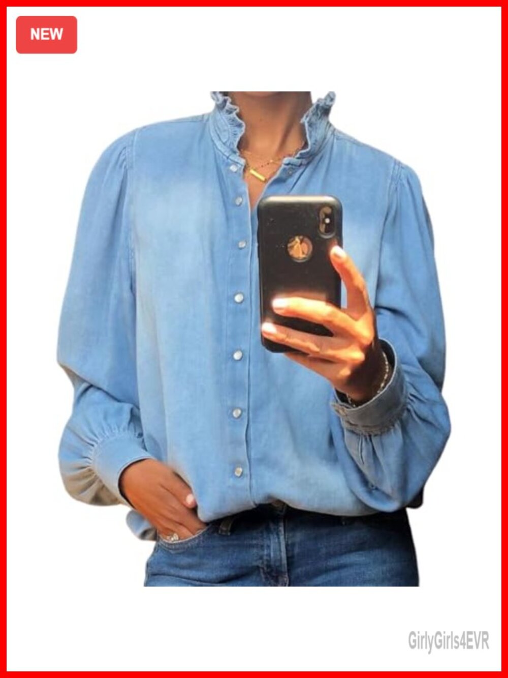 Womens Ruffled Neck Denim Blouse Long Sleeve Snap Button Down Shirt